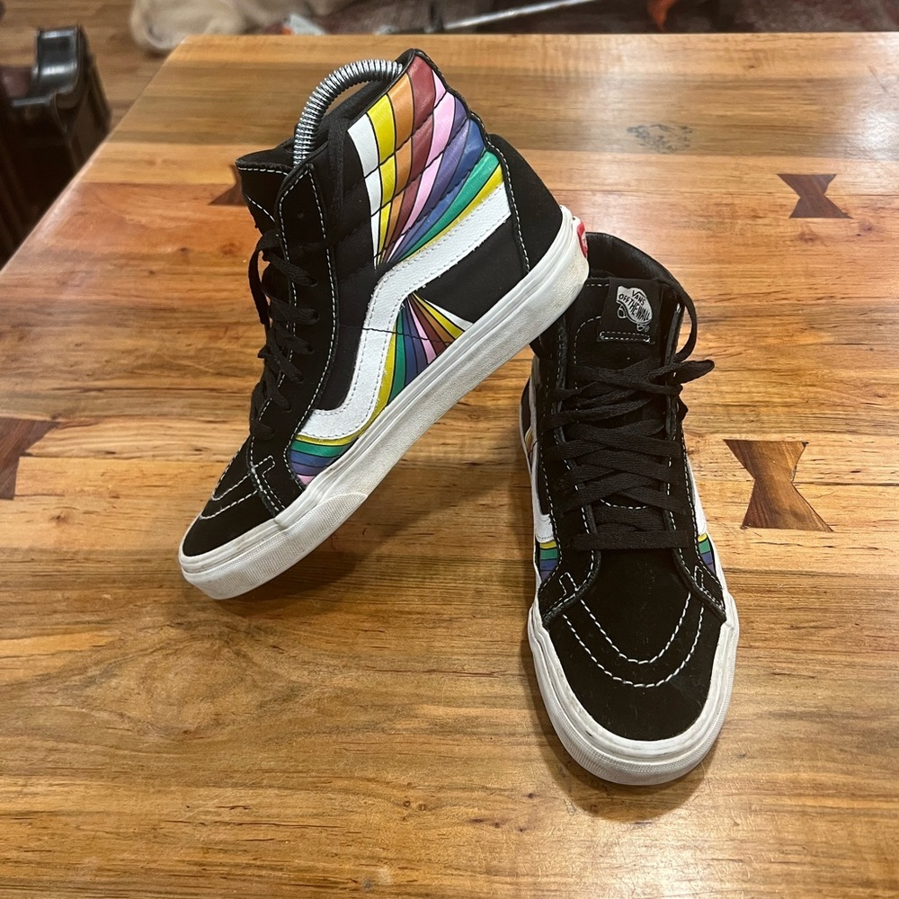 Custom Vans Black High-Top Sneakers with Rainbow Stripes